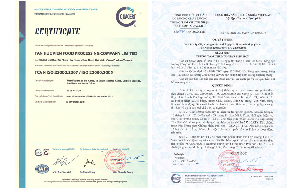Tân Huê Viên đạt chứng nhận tiêu chuẩn ISO22000